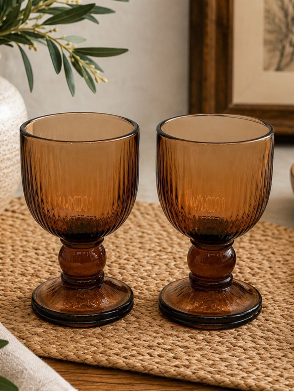 Pfaltzgraff Gourmet Heavy Brown Glass Stemmed Goblets VTG USA HTF Smoked Glass